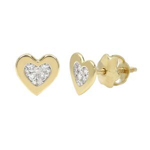 14k Heart Stud Earring Screw Back Mini Size Lab Diamonds